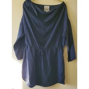 Vintage Vollbracht Womens L Silk Dress Tunic Drawstring Waist Casual Navy Blue